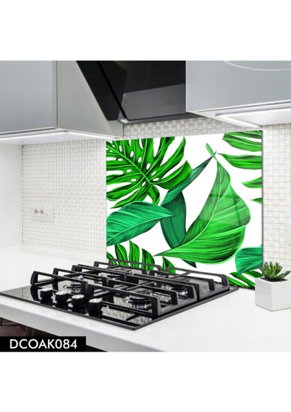 Cam Ocak Arkası Koruyucu | Yeşil Yaprak Desenli
