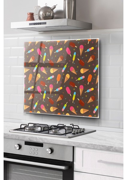 Ocak Arkası Cam Koruyucu Tezgah Ankastre Arkası Koruyucu | Dondurma Desenli