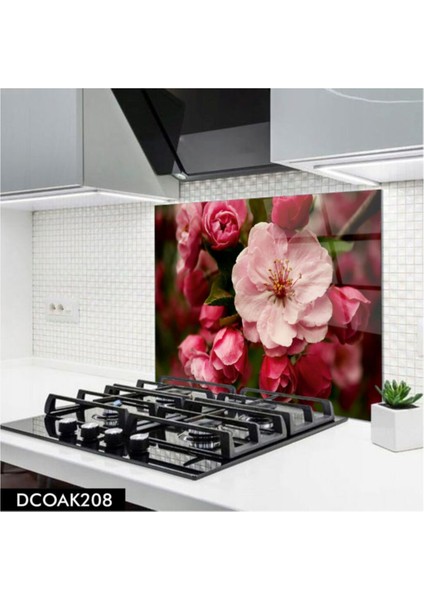 Cam Ocak Arkası Koruyucu | Pembe Beyaz Çiçek