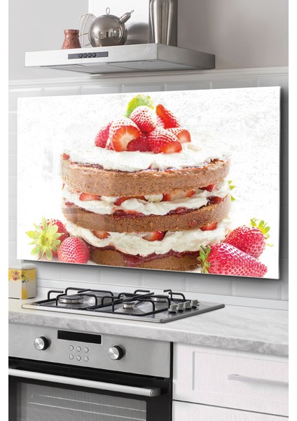 Ocak Arkası Cam Koruyucu Tezgah Ankastre Arkası Koruyucu | Çilekli Pasta Desenli