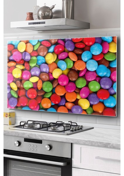 Ocak Arkası Cam Koruyucu Tezgah Ankastre Arkası Koruyucu | Renkli Bonibon Desenli