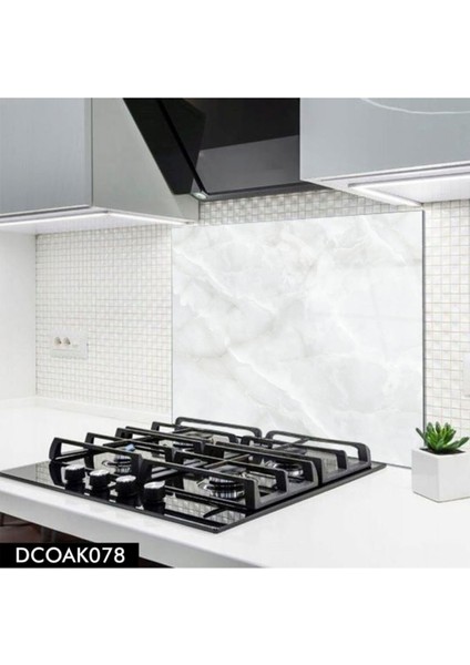Cam Ocak Arkası Koruyucu | Beyaz Mermer Desenli