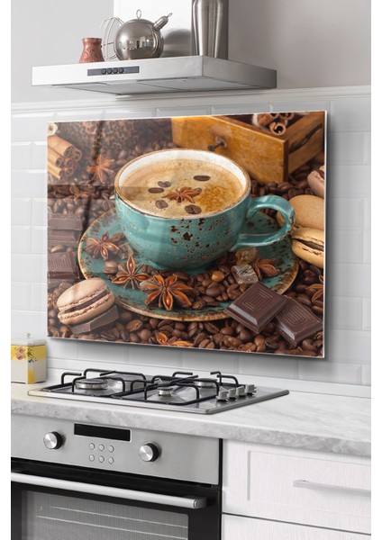 Ocak Arkası Cam Koruyucu Tezgah Ankastre Arkası Koruyucu | Kahve Fincanı ve Çikolata