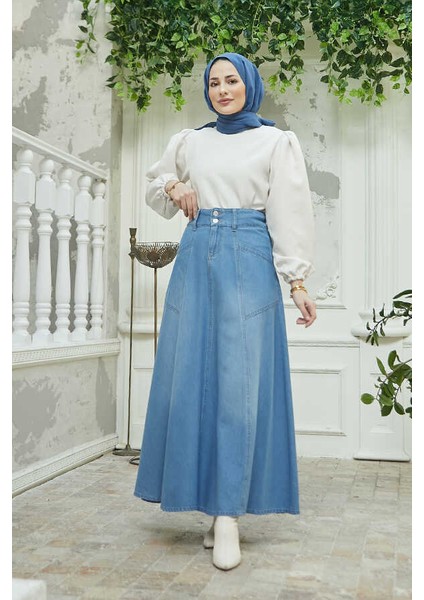 2195-DENIM Mevlana Kot Etek Koyu Mavi