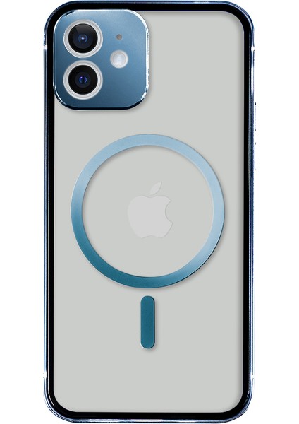 iPhone 12 Magsafe Kablosuz Şarj Özellikli Kamera Korumalı Şeffaf Mavi Renkli Kılıf