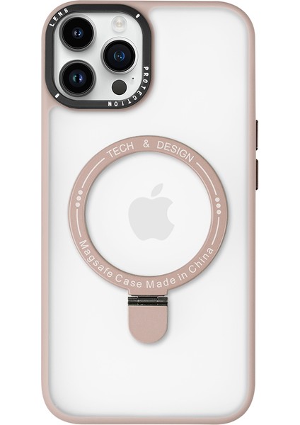 iPhone 12 Pro Max Magsafe Kablosuz Şarj Standlı Kamera Korumalı Pembe Çerçeveli Renkli Kılıf