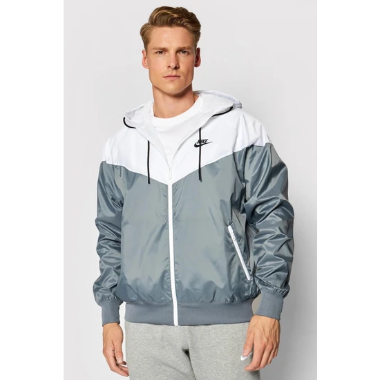 Nike Sportswear Windrunner Jacket Kapüşonlu Erkek Ceketi Beyaz Gri