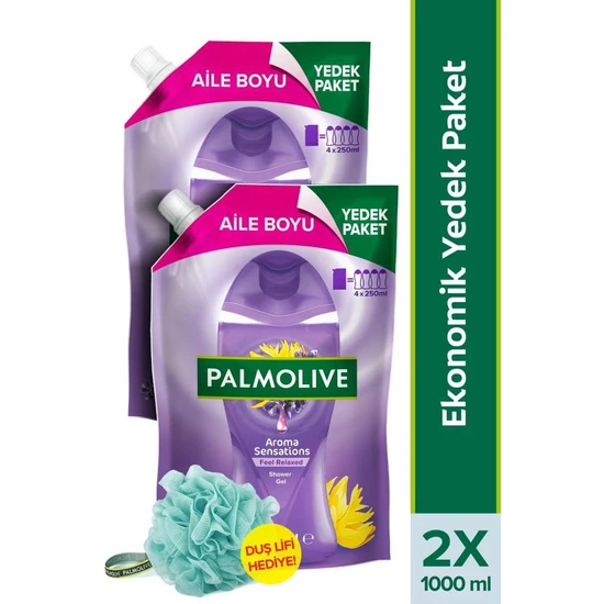 Palmolive Aroma Sensations Feel Relaxed Aile Boyu Yedek Paket Duş Jeli 1000 ml X2 + Duş Lifi Hediye