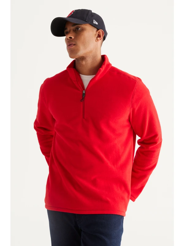 AC&Co / Altınyıldız Classics Erkek Kırmızı Anti-pilling Tüylenme Yapmayan Standart Fit Bato Yaka Soğuk Geçirmez Polar Sweatshirt