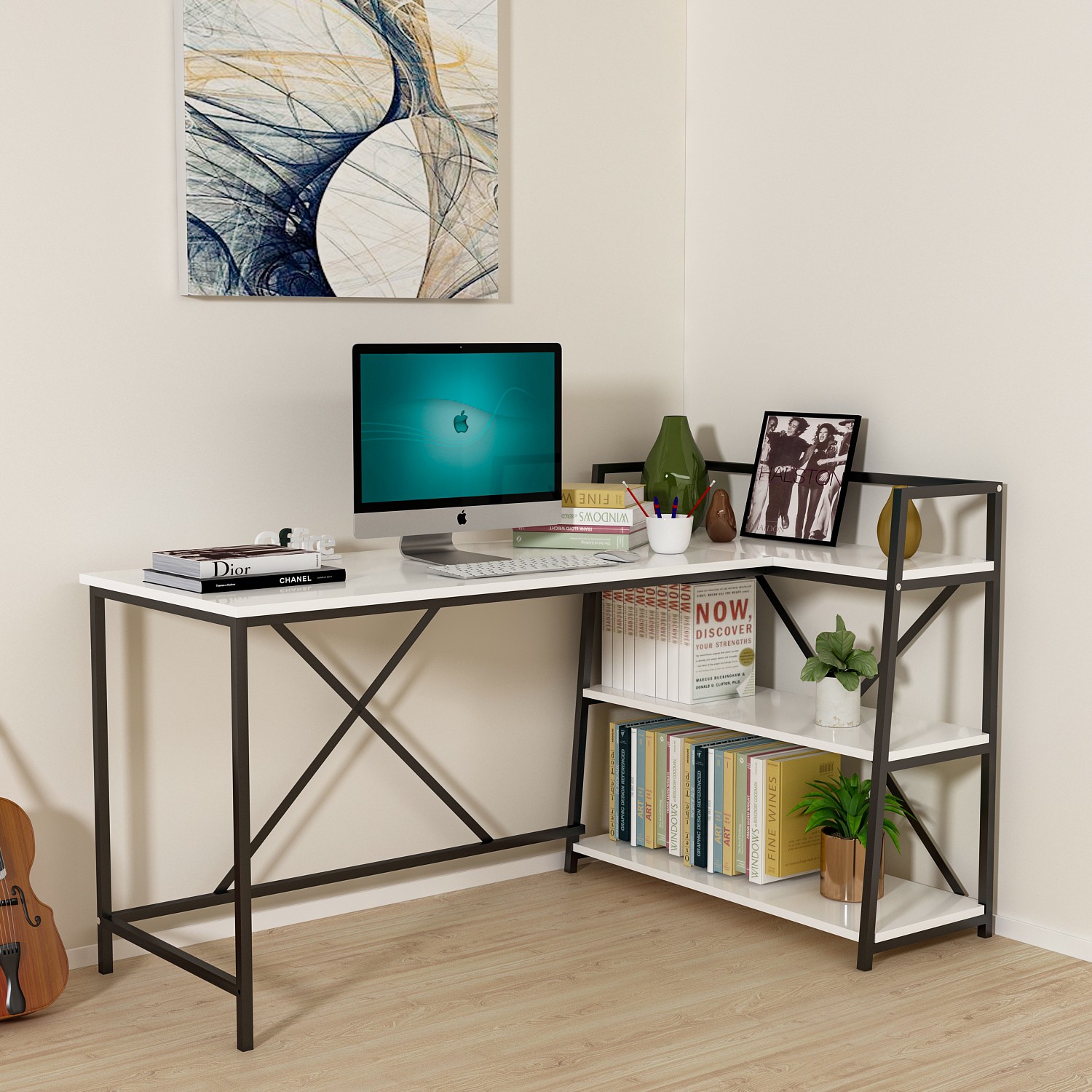 Mordeka Beyaz Kitaplıklı Çalışma Masası Bilgisayar Masası Fiyatı