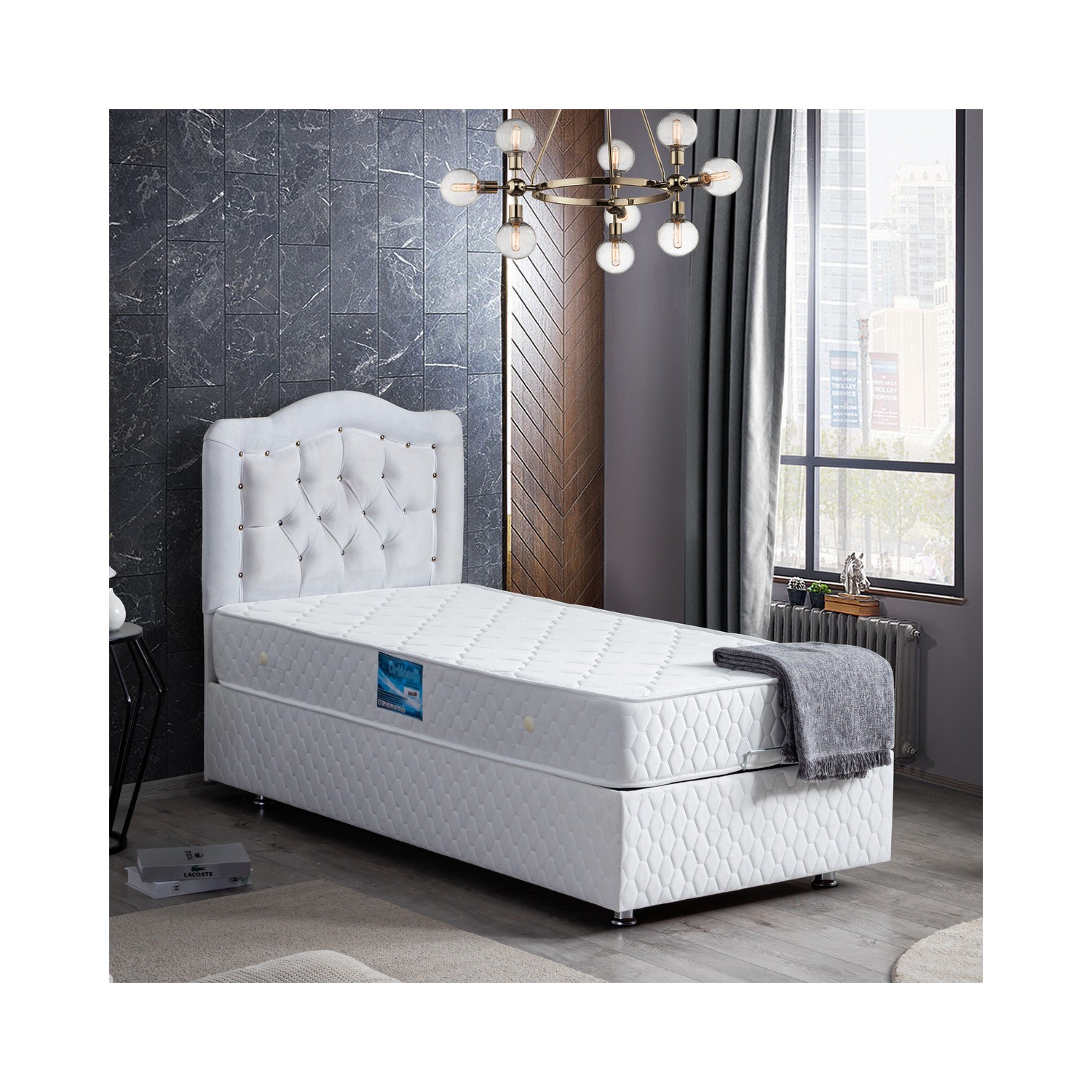 Setay Şah Tek Kişilik Baza Başlık Delüx Yaylı Yatak, Beyaz