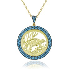 Turkuaz Taşlı Plaka Kaplumbağa Gümüş Kolye