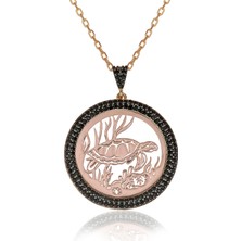 Siyah Taşlı Plaka Kaplumbağa Gümüş Kolye