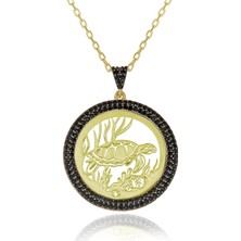 Siyah Taşlı Plaka Kaplumbağa Gümüş Kolye