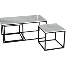 Evka Twins Iç Içe Geçmiş Sehpa - Statik Siyah Ayak Beyaz Mermer Tabla