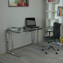Evka Tekli Desk Çalışma Masası - Parlak Paslanmaz Ayak Şeffaf Cam