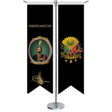 Asilmeydan Osmanlı Padişahları Abdülmecid ve Osmanlı Arması Kırlangıç Saten T Direk Masa Bayrağı 2'li