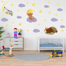 Kt Decoration Uyuyan Sevimli Hayvanlar Mor Bulutlar ve Sarı Yıldızlar Xxl Çocuk Odası Duvar Sticker