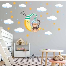 Kt Decoration Uyuyan Maymun Beyaz Bulutlar ve Gold Yıldızlar Xxl Dev Çocuk Odası Duvar Sticker