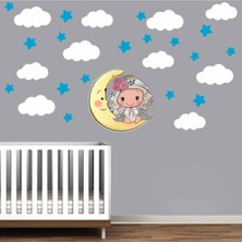 Kt Decoration Sevimli Minik Kız Çocuğu Beyaz Bulutlar ve Mavi Yıldızlar Xxl Dev Duvar Sticker