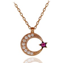 Kırmızı Beyaz Taşlı Minik Ay Yıldız Gümüş Kolye