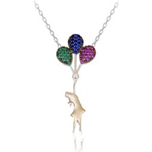 Renkli Taşlı Balonlu Kız Gümüş Kolye