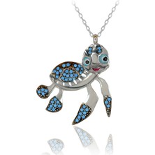 Turkuaz Taşlı Sevimli Caretta Caretta Kaplumbağa Gümüş Kolye