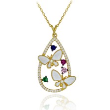 Renkli Taşlı Mineli Kelebek Gümüş Kolye