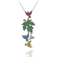 Renkli Taşlı Çınar Yaprağı Kuşlu Gümüş Kolye