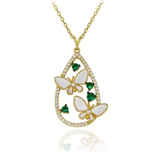 Yeşil Beyaz Taşlı Mineli Kelebek Gümüş Kolye