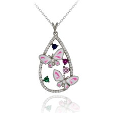 Renkli Taşlı Mineli Kelebek Gümüş Kolye