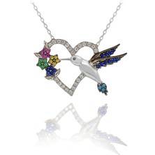 Renkli Taşlı Kalpli Arı Kuşu Gümüş Kolye