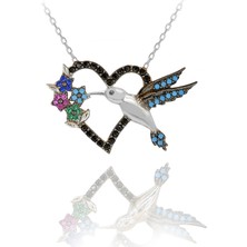 Renkli Taşlı Kalpli Arı Kuşu Gümüş Kolye