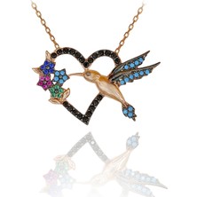 Renkli Taşlı Kalpli Arı Kuşu Gümüş Kolye