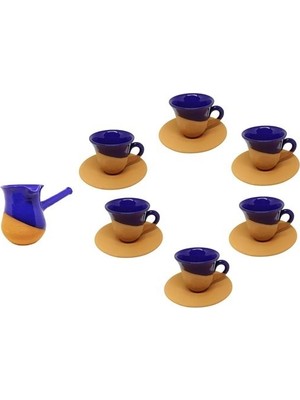 Sultan Çini-Çini El Emeği Cezveli Renkli Çömlek Fincan Takımı-Toprak Fincan Takımı Cezveli Fincan