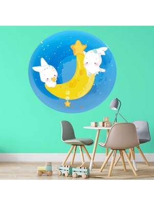 Ay Üzerindeki Sevimli Tavşanlar Pastel Renkler Çocuk Odası Duvar Dekorasyonu