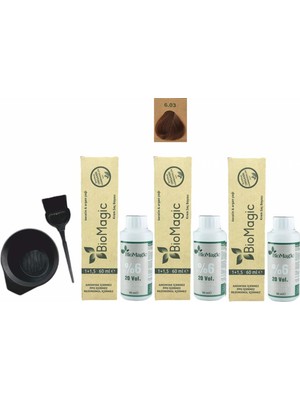 Biomagic Amonyaksız Organik Keratin+Argan Yağlı Saç Boyası 6.03 Kahve Köpüğü 60 ml x 3 +90 ml Oksidan+Boyama Seti