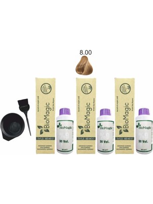 Biomagic Amonyaksız Organik Keratin+Argan Yağlı Saç Boyası 8.00 Açık Kumral 60 ml x 3 +90 ml Oksidan+Boyama Seti