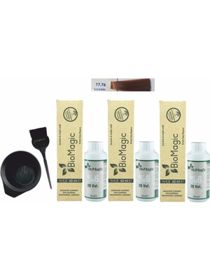Biomagic Amonyaksız Organik Keratin+Argan Yağlı Saç Boyası 77.76 Kumral Bakır 60 ml x 3 +90 ml Oksidan+Boyama Seti