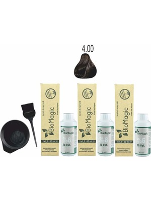 Biomagic Amonyaksız Organik Keratin+Argan Yağlı Saç Boyası 4.00 Kahve 60 ml x 3 +90 ml Oksidan+Boyama Seti