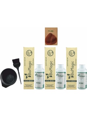 Biomagic Amonyaksız Organik Keratin+Argan Yağlı Saç Boyası 77.66 Tarçın 60 ml x 3 +90 ml Oksidan+Boyama Seti