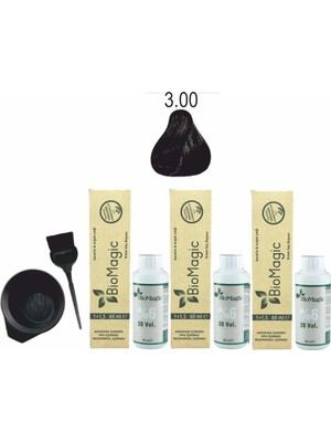 Biomagic Amonyaksız Organik Keratin+Argan Yağlı Saç Boyası 3.00 Koyu Kahve 60 ml x 3 +90 ml Oksidan+Boyama Seti