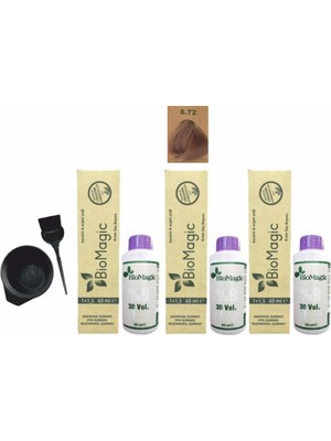 Biomagic Amonyaksız Organik Keratin+Argan Yağlı Saç Boyası 8.72 Açık Küllü Kumral 60 ml x 3 +90 ml Oksidan+Boyama Seti