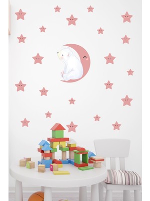 Kt Decoration Pembe Ay Üzerindeki Sevimli Kutup Ayısı ve Pembe Yıldızlar Sticker