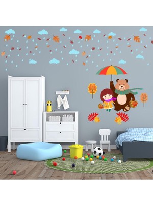 Kt Decoration Sonbahar Temalı Sevimli Ayıcık ve Minik Afacan Çocuk Odası Duvar Sticker