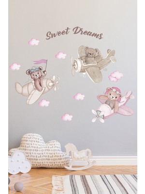 Kt Decoration 3 Kafadar Pilot Ayılar Pembe Duvar Sticker Seti