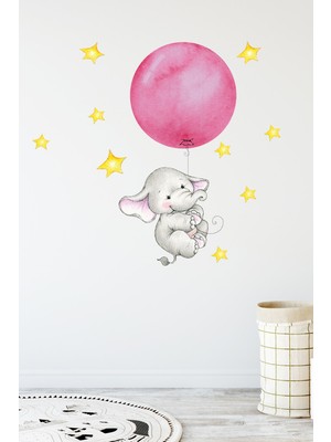 Kt Decoration Pembe Balonlu Sevimli Fil Duvar Sticker Seti