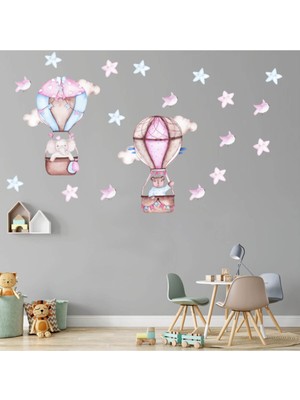 Kt Decoration Uçan Sevimli Ayıcık-Fil-Kuşlar ve Yıldızlar El Çizimi Dev Çocuk Odası Duvar Sticker