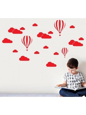 Kt Decoration Kırmızı-Beyaz Bulutlu Balonlu Çocuk Odası Dekoru Sticker Seti