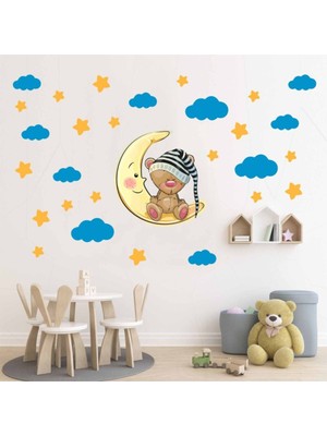 Kt Decoration Uyuyan Tedybear Mavi Bulutlar ve Gold Yıldızlar Xxl Çocuk Odası Duvar Sticker